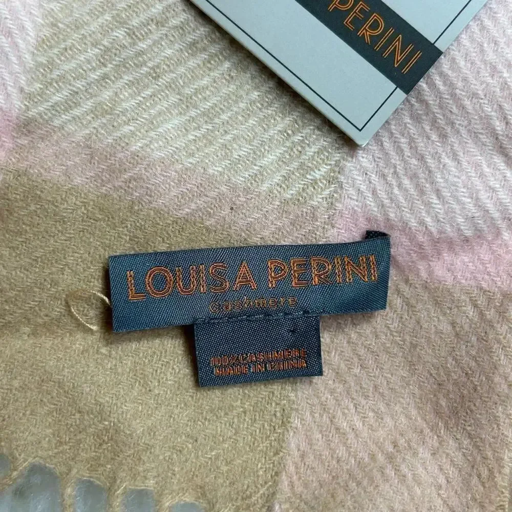 LOUISA PERINI Pink and Tan Plaid Scarf 100% Cashmere